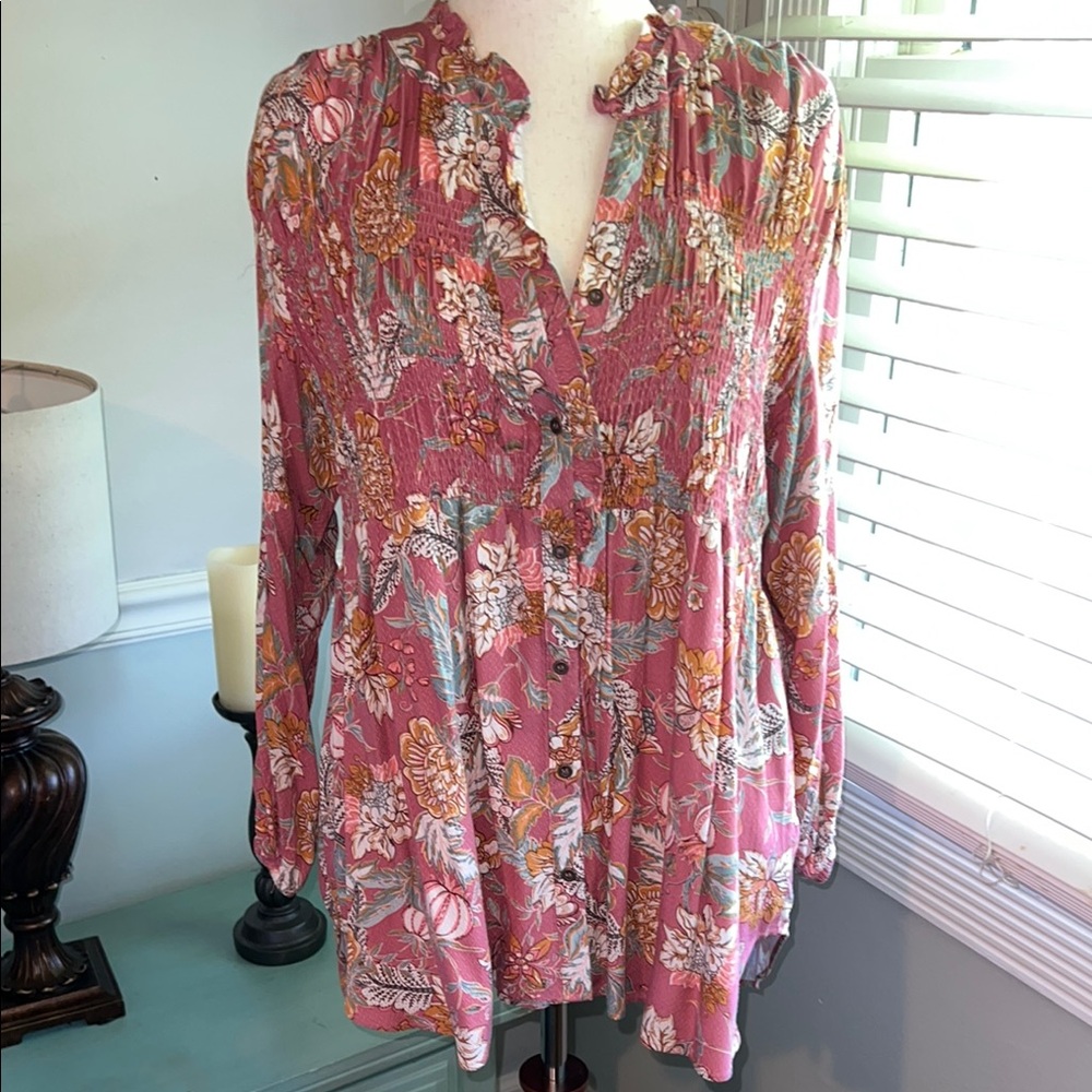 Pink and Orange Ruffled Mandarin Collar Blouse NWOT Size Large